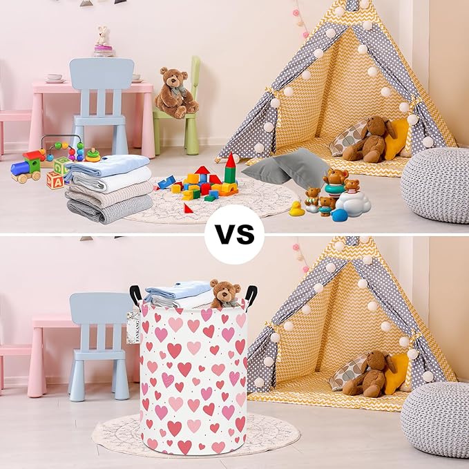 FANKANG Storage Basket, Nursery Hamper Canvas Laundry Basket Foldable with Waterproof PE Coating Large Storage Baskets for Kids Boys and Girls, Office, Bedroom, Clothes,Toys(Colorful hearts)