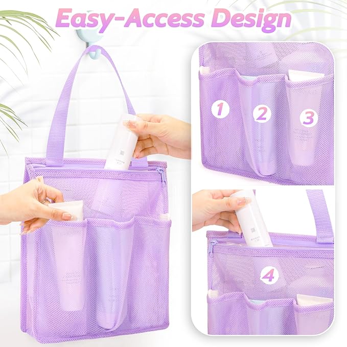 famichan Portable Mesh Shower Caddy, Gym Travel Camp Dorm Room Essentials for College Student Girl, Purple Bathroom Shower Bag