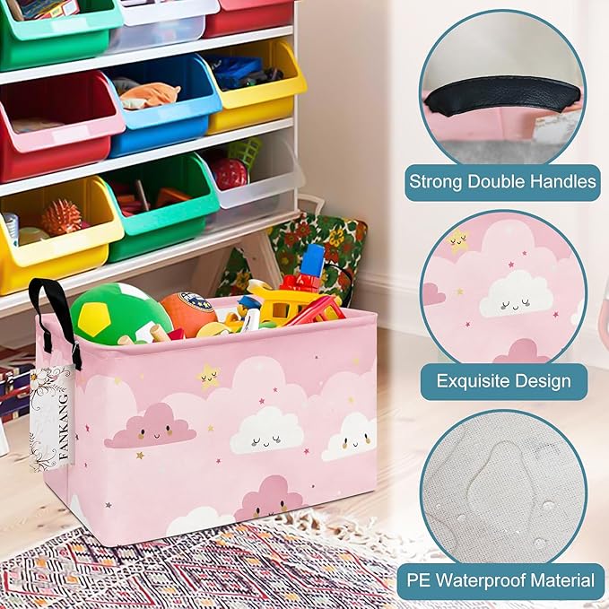 FANKANG Storage Bins, Nursery Hamper Canvas Laundry Basket Foldable with Waterproof PE Coating Large Storage Baskets for Kids Boys and Girls, Office, Bedroom, Clothes,Toys(Rec-pink cloud ）