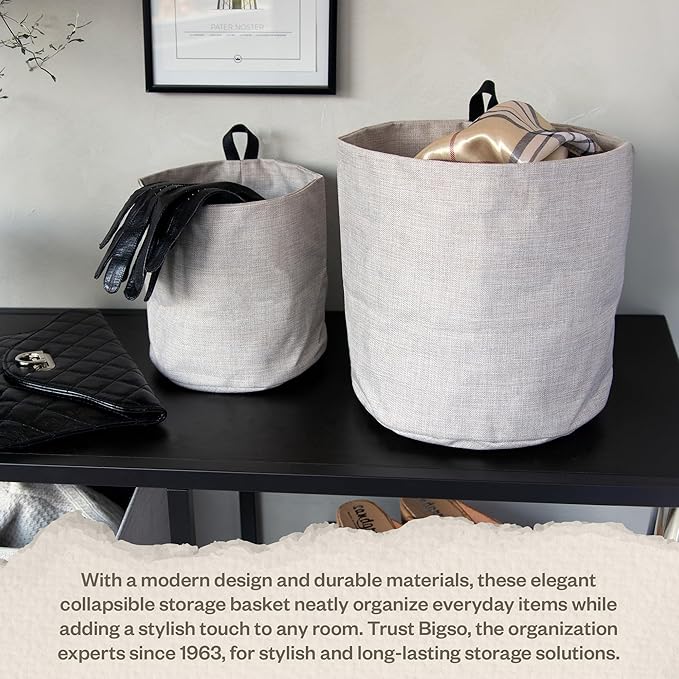 Bigso Box of Sweden Soft Hang Around Hanging Storage Basket Small | For Organizing Everyday Necessities | Collapsible Wall Hanging Storage Basket for Closets | 6.7" x 6.7" | Small | Beige (Pack of 2)