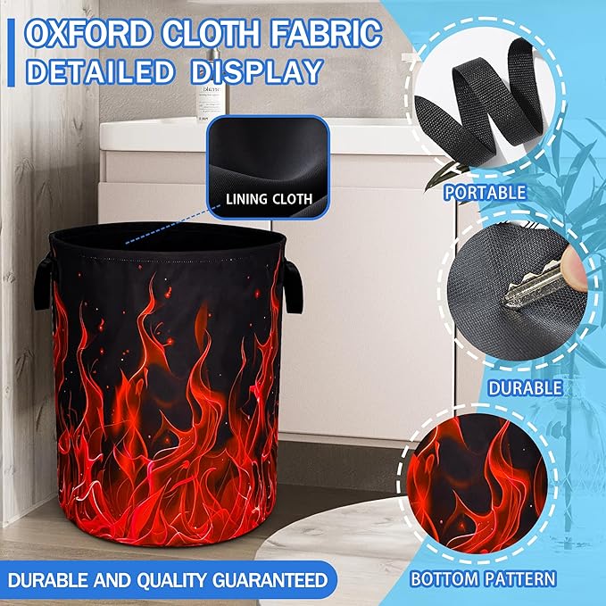 Red Flame Laundry Basket Oxford Cloth Funny Raging Fire Laundry Hamper With Handle Foldable Portable Clothes Storage Basket 18.9 X 16.5 In Storage Bag For Laundry Room/Bathroom/Bedroom/Dormitories