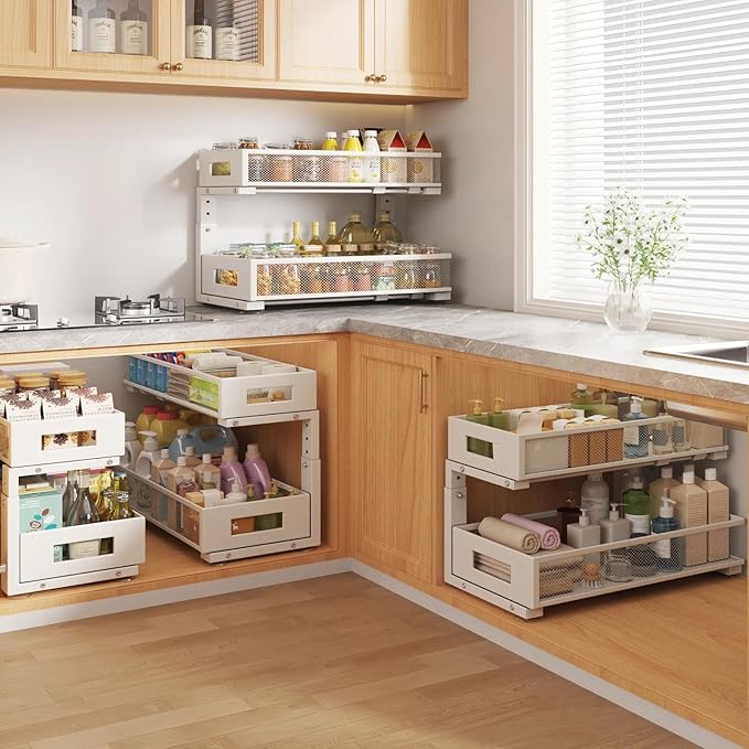 2 Packs 21IN Depth Under Sink Organizer, 2-Tier Pull Out Cabinet Organizer With Smooth Circular Rail, Large Capacity Metal Mesh Sliding Drawers For Bathroom& Kitchen Storage,Height Adjustable –White