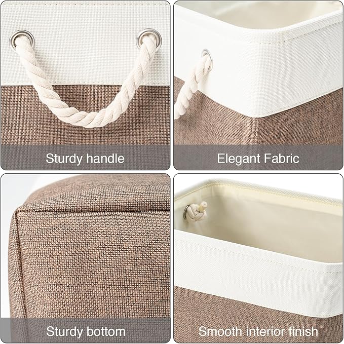 DUHEL Storage Baskets for Organizing,Fabric Storage Baskets for Shelves,Closet Organizers and Storage Basket with Handle,Storage Bins Used for Baby Laundry Basket、Nursery Storage.(White&Brown-3PCS)