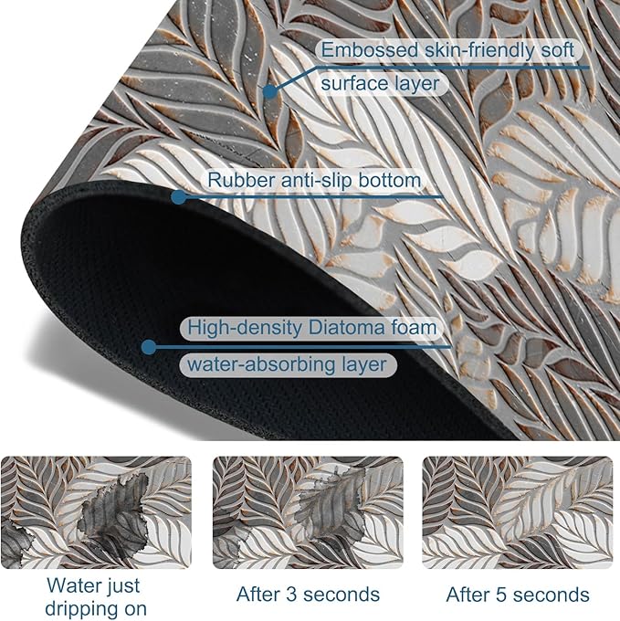 Embossed Leaf Texture Sink Faucet Absorbing Mat Grey Leaf Super Absorbent Fast Drying Mat Sink Gadgets Behind Faucet Sinkmat for Kitchen Bathroom, 23.5"x5.5"
