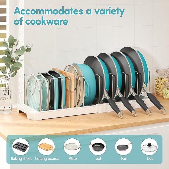 Pots and Pans Organizer for under Cabinet, Pan Pot Organizers inside Cabinet, Expandable Organizer with 12 Adjustable Dividers for Cookie Sheets, Cutting Boards, Pot Lids, Cookware - Frying Pan Rack