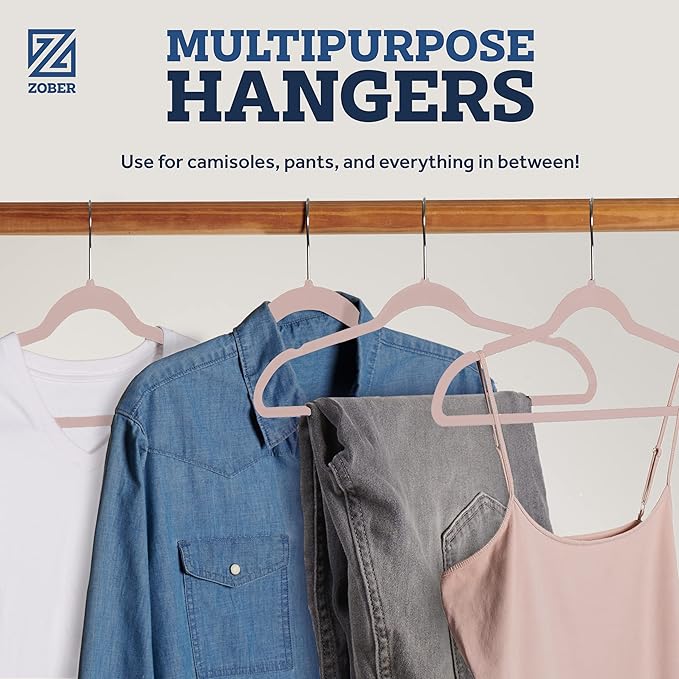 ZOBER Blush Velvet Hangers 50 Pack - Clothes Hangers, Coat Hanger for Pants & Dress Clothes - Non Slip w/ 360 Degree Swivel, Holds up to 10 lbs - Strong Felt Hanger for Clothing