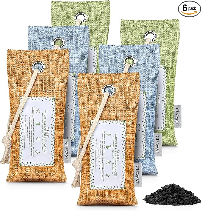 CLEVAST Activated Bamboo Charcoal Odor Absorber - 6 x 60g Air Purifying Bags, Natural Bamboo Charcoal Fresh Odor Moisture Eliminator, Deodorizer for Home, Closet, Shoe, Car Air freshener