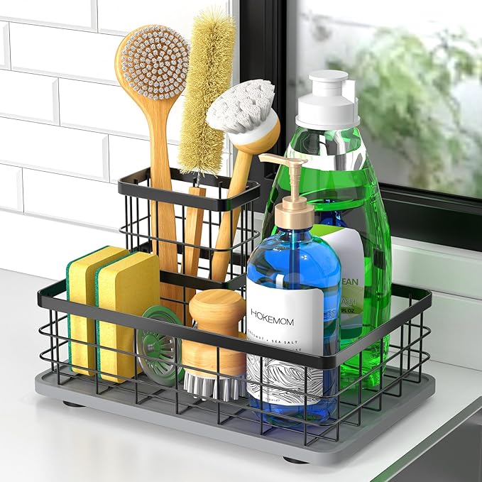 EXTRA LARGE Kitchen Sink Caddy Organizer, [FLEXIBLE PLACEMENT & FAST-DRYING] Sponge Holder for Kitchen Sink Countertop,Stainless Steel with Rust-Resistant Coating-10.24" L x 6.5" W x 5.83" H