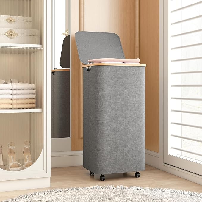 Yecaye 100L Large Capacity Laundry Hamper – Foldable Rolling Laundry Basket, Mobile Clothes Hamper with Wheels, Removable Inner Bag, Bamboo Handle Lid Laundry Bin – Multi-Use Storage,Grey