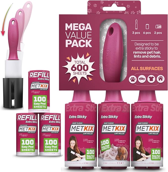 Metkix Lint Rollers for Pet Hair Extra Sticky | Protective Covers | Mega 600 Sheets Dog Cat Pet Hair Remover | Lint Roller for Clothes Sofa Bed Carpet and More | Lint Roller Refills