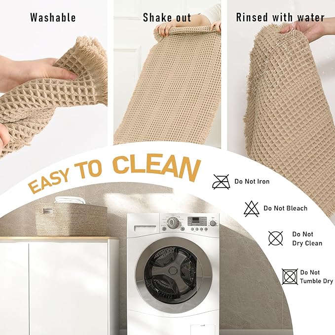 JIUZHEN Set of 2 Waffle Bath Mat Super Absorbent Bath Mats Machine Washable Waffle Rugs for Bathroom Floor Non Slip Dry Fast Bathroom Rugs for Beside Tub, 16" x 24" +20" x 32", Strip-Brown