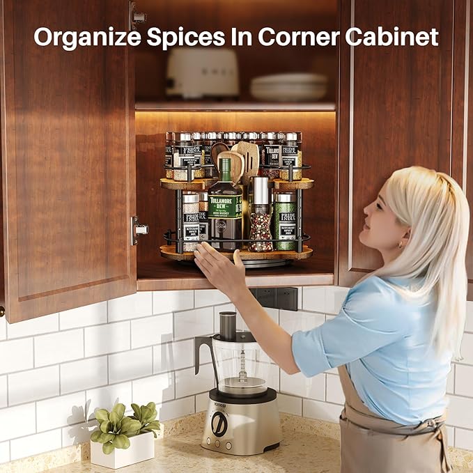 Lazy Susan Organizer Spice Rack - Spice Organization for Cabinet Height Adjustable Rotating Lazy Turntable, Pantry Kitchen Wood Revolving Seasoning Organizer (12 Inch)