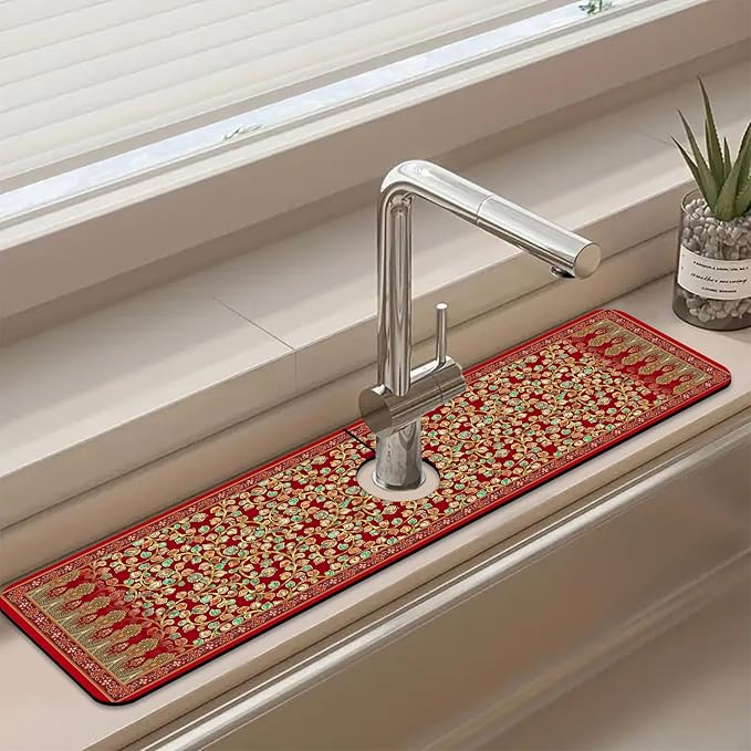 Sink Splash Guard Faucet Mat Red Retro Boho Flowers Absorbent Fast Drying Mat Sink Gadgets Splash Guard Behind Faucet Drip Catcher for Kitchen Bathroom 23.5"X5.5"