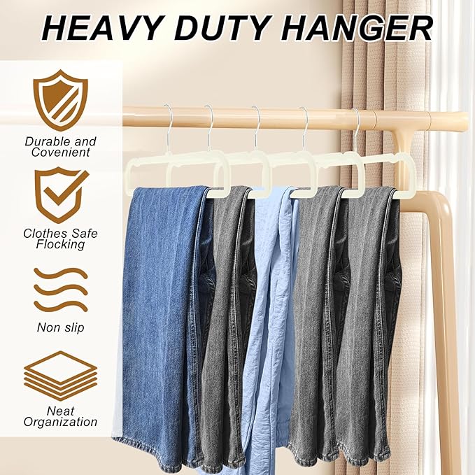 Velvet Pants Hangers Non Slip, 30 Pack Velvet Hangers for Closet with 30 Hooks, Strong Durable Space Saving Slim Clothes Hanger, Ultra Thin Flocked Hanger for Pants, Shirts, Bra, Shorts (Cream)