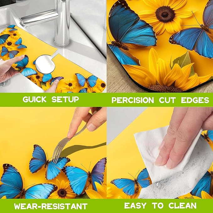 Kitchen Sink Splash Guard Faucet Mat Super Absorbent Fast Drying Mat Guard Behind Faucet Drip Catcher for Kitchen Bathroom (Sunflowers and Blue Butterflies, 23.5"X5.5")