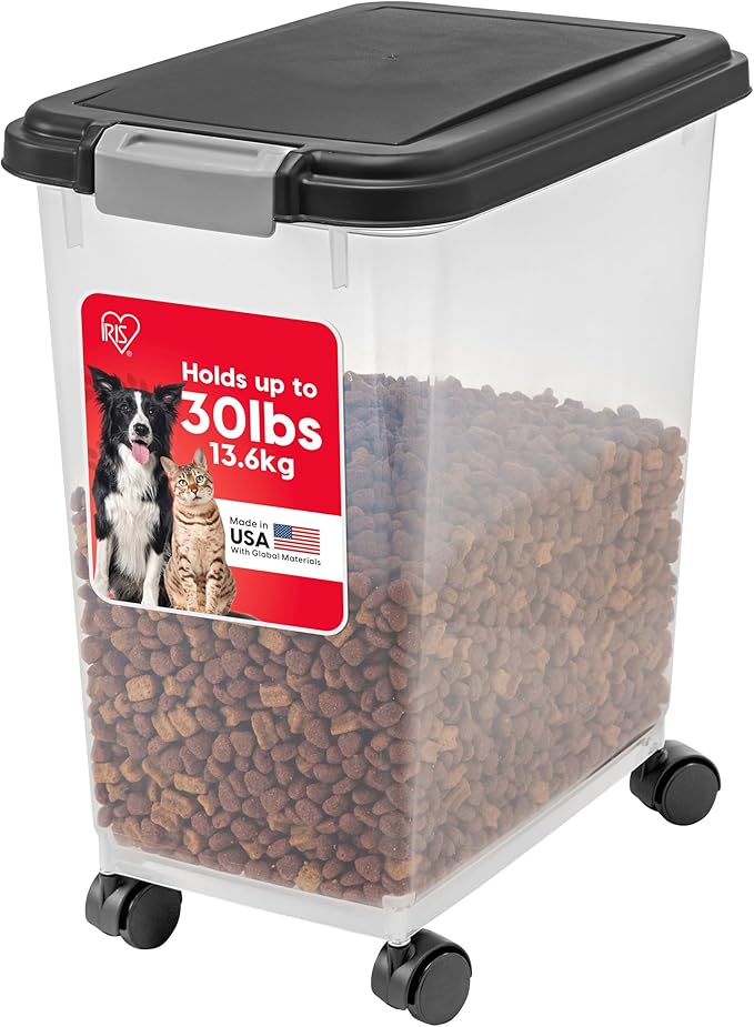 IRIS USA Airtight Dog Food Storage Container, Up to 30 lbs, Attachable Wheels, for Dog Cat Bird and other Pet Food Storage Bin, Keep Fresh, Easy Mobility, BPA Free, Black