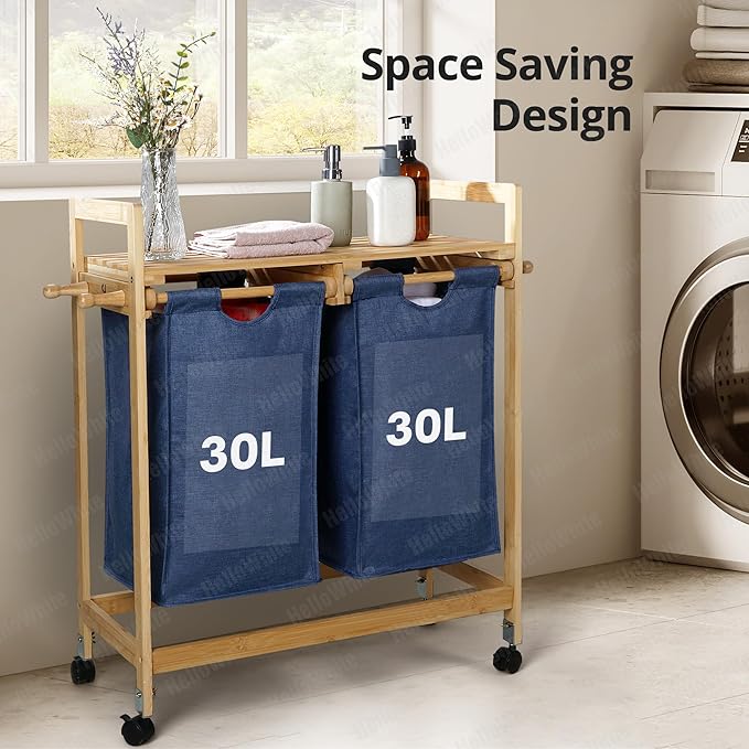 30L Double Laundry Basket with Lid – Solid Wooden Hamper Basket with Shelf, 2 Removable Washing Baskets & Wheels, Heavy Duty Rolling Laundry Organizer for Small Spaces