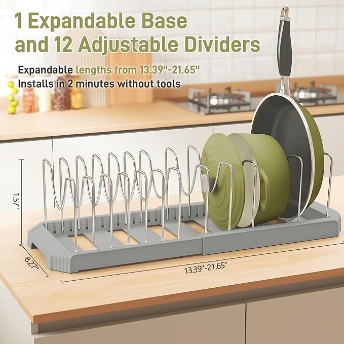 Pots and Pans Organizer for under Cabinet, Pan Pot Organizers inside Cabinet, Expandable Organizer with 12 Adjustable Dividers for Cookie Sheets, Cutting Boards, Pot Lids, Cookware - Pan Rack, Grey