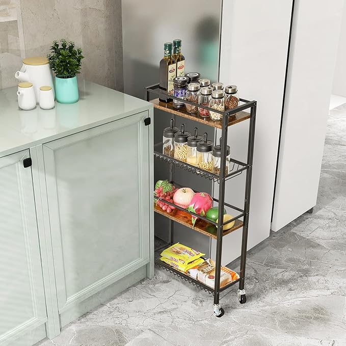 YMYNY Slim Kitchen Storage Rolling Cart, 4-Tier Utility Cart on Wheels, for Narrow Spaces, Laundry Room, Dining Room, Bathroom, 32.7" H Shelving Unit with Mesh Baskets, Rustic Brown UHBR002H