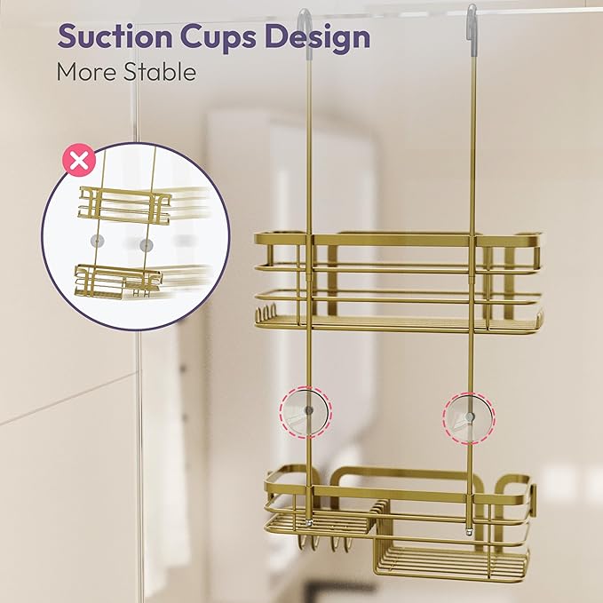 SWTYMIKI Shower Caddy Hanging Organizer - Over the Door Shower Caddy with Soap Holder, 11 Hooks, 2 Installation Ways, Stainless Steel Rustproof Bathroom Organizer, Gold