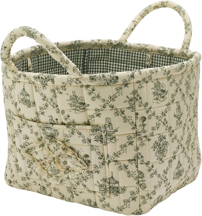 Quilted Fabric Storage Basket with Handles & Pocket, Foldable Laundry Hamper Boho Floral Print Organizer Bin for Home, Picnic, Office 12"x10"x10" (B-2)