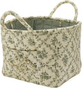 Quilted Fabric Storage Basket with Handles & Pocket, Foldable Laundry Hamper Boho Floral Print Organizer Bin for Home, Picnic, Office 12"x10"x10" (B-2)