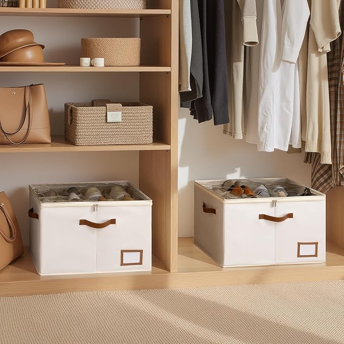 StorageWorks Shoe Oragnizer for Closet, 2 Pack Shoe Storage Cubes Holds Up to 16 Pairs, Space Saving Storage Boxes with Lid and Hanldes, Beige