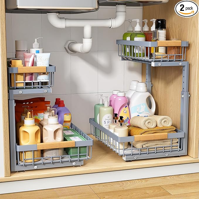 PXRACK Under Sink Organizer, Adjustable Height, 2-Pack 2 Tier Pull Out Under Cabinet Organizer, Slide Out Thickened Metal Under Sink Storage for Kitchen Bathroom Laundry Pantry Cabinet, L, Grey
