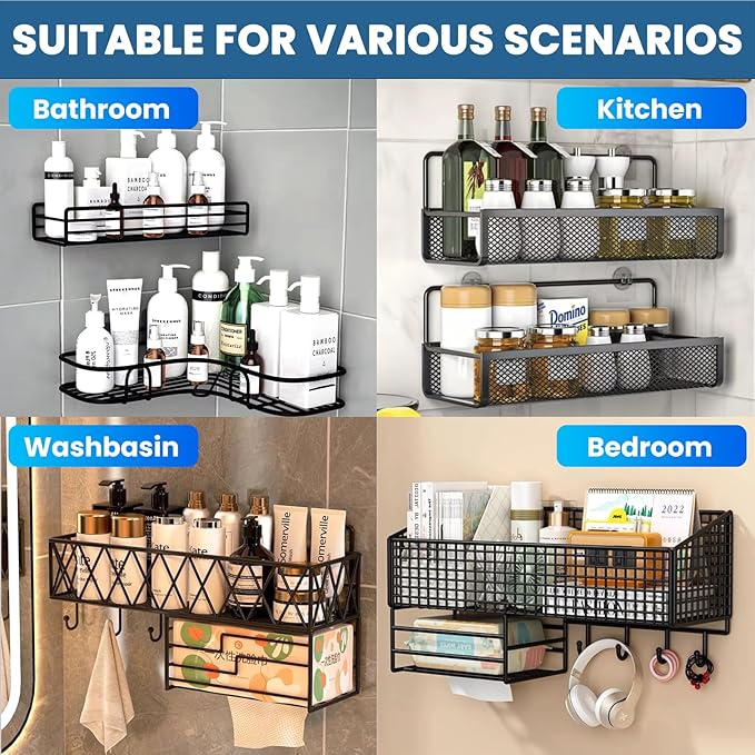 Jxztiecy 4 Pack Shower Caddy Adhesive Replacement, Shower Shelf Strong Adhesive Hooks, No Drilling, Transparent WaterProof Strips for Bathroom Shelves & Kitchen Racks