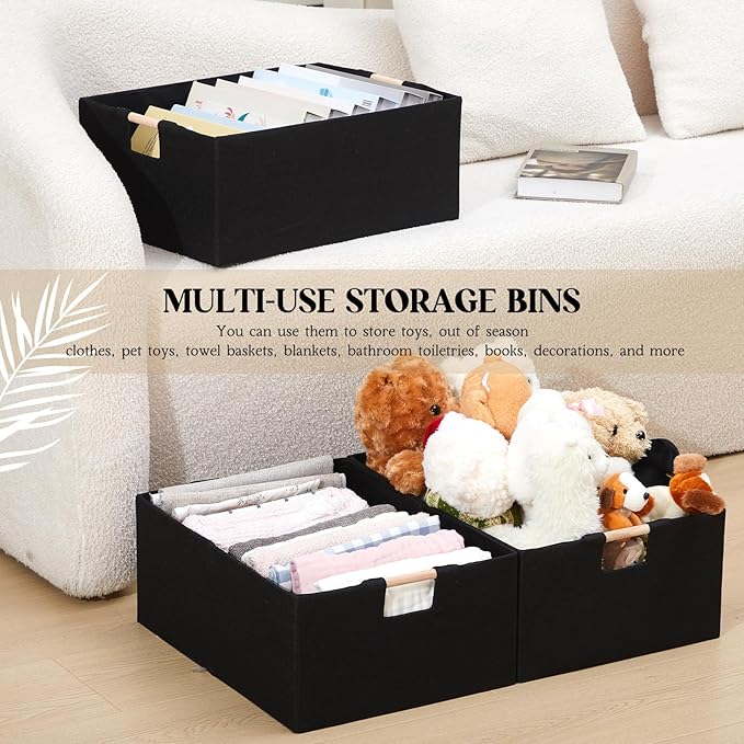 3 Pack Fabric Storage Bins for Closet Shelves, Rectangle Wardrobe Organizer with Handle, Collapsible Shelves Storage Basket for Sorting Clothes and Toy (Black,16.5 x 12.2 x 6.7 Inch)