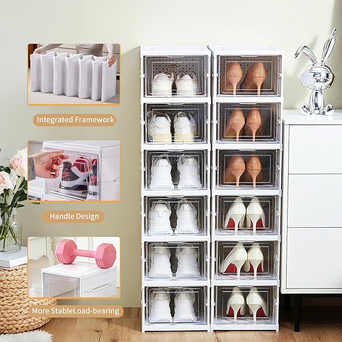 Shoe Storage Box, No-Assembly 6 Tiers Foldable Shoe Organizer with Clear Door, Space-saving Shoe Rack，Sturdy Clear Plastic Stackable Sneaker Container