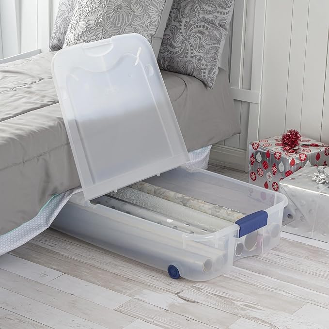 Blue 66-Quart Clear Underbed Storage Bin with Wheels & Latch Lid, Multi-Use Large Under-Bed Organizer