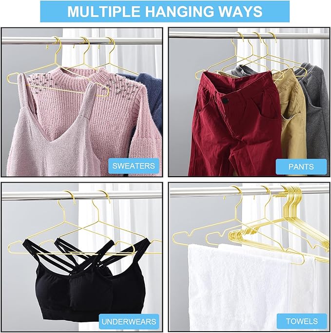 Clothes Hangers 50 Pack Coat Hangers Wire Hangars Bulk Metal Hanger Non Slip Heavy Duty Clothing Hangar Space Saving Thin Hangars Stainless Steel Hanger for Clothes, 16.5 Inch Gold