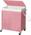 WOWLIVE Double Laundry Hamper with Lid, Handwoven Rolling Laundry Basket with Wheels, 115L Dirty Clothes Hamper with Removable Liner Bag Large Capacity Laundry Sorter Laundry Room Organization,Pink
