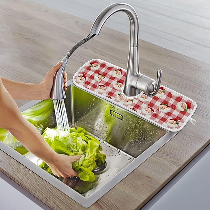 2 Pack Faucet Splash Catcher Cute Christmas Sink Mat for Faucet Absorbent Kitchen Splash Guard Drip Catcher for Farmhouse Barthroom Bar, S