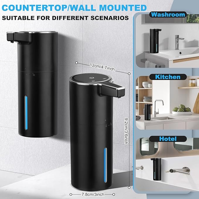 Automatic Soap Dispenser Liquid Touchless: 13.52oz/400ml Wall USB Rechargeable - 4-Level Adjustable Modern Electric Hand Soap Dispenser - Kitchen Bathroom Kids Family Black