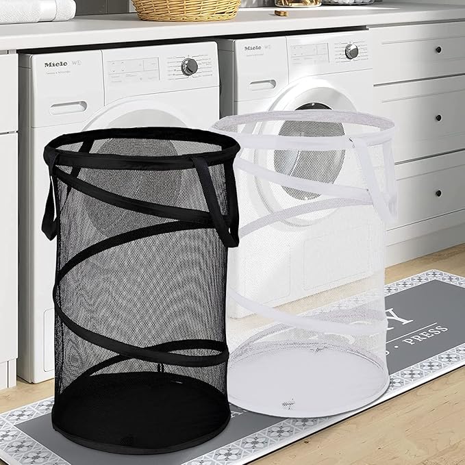 BATTOO 2 Pack Large Collapsible Laundry Basket Foldable Mesh Pop Up Hamper with Handles for Laundry Room, Bathroom, Kids Room, College Dorm, Travel, Storage Organizer Black+White