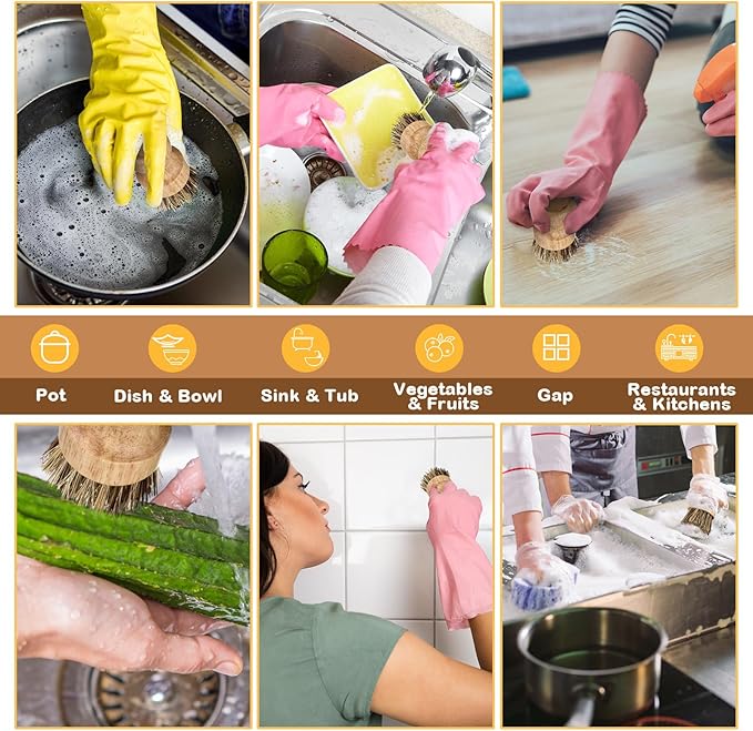 Nuenen 6 Packs Bamboo Dish Scrub Brushes Wooden Scrubbers Set Kitchen Dishwashing Scrubber with Natural Sisal Bristles for Iron Pot Pan Sink