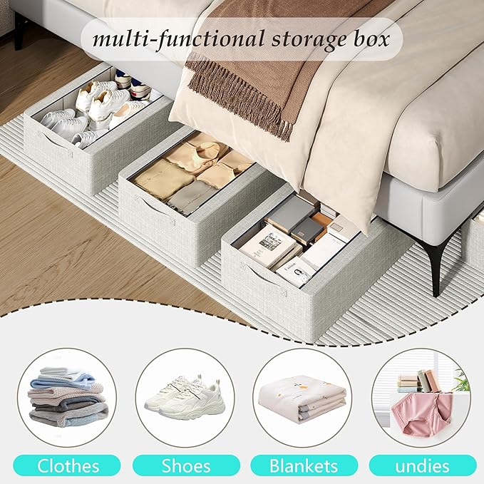 Under Bed Storage Bins with Metal Frame, Linen Fabric Frame Storage Box Clothes Organizer Bins, Underbed Container with Clear Window (Light Grey, 15.7 x 13 x 6IN)