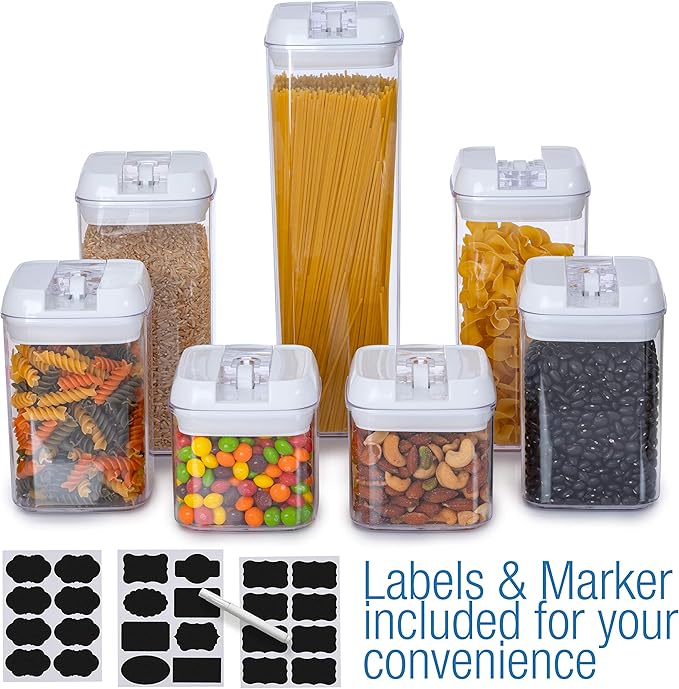 Set of 7 Airtight Food Storage Containers - Pantry Organizer Bins, BPA Free Plastic Containers plus Dry Erase Marker and Labels, White