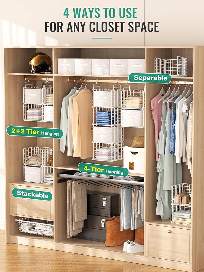 Hanging Closet Organizer with Drawers, 4 Tier Metal Closet Organizers and Storage with 4 Hanging Hooks 4 S-Hooks for Wardrobe Laundry Room, Wire Storage Shelf for Clothes Sweaters Pants (White)