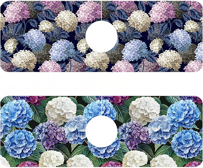 2 Pack Vintage Hydrangea Sink Faucet Absorbing Mat Colorful Hydrangeas Super Absorbent Fast Drying Mat Sink Gadgets Behind Faucet Sinkmat for Kitchen Bathroom, 15.5"x5.5"