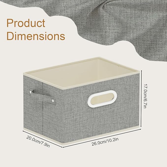 Fabric Open Storage Bins with Metal Handles, Collapsible Organizer Baskets, Foldable Cube Boxes for Shelves, Closet, Living Room, 10.2x7.9x6.7in, Grey, 4 Pack