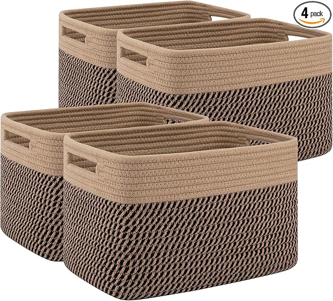 4 Pack Storage Baskets for Organizing, Woven Baskets for Shelves - Perfect for Toys, Books, Towels, and Clothes, Durable Gift Basket Bins Toy Storage, 12.7''L x9''W x7.8''H, Black and Brown