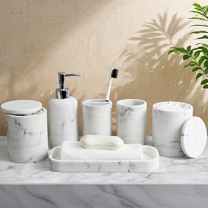 6-Piece Bathroom Accessories Set, Organizer Set with Soap Dispenser, Toothbrush Holder Set, Vanity Tray, Tumbler & 2 Cotton Swab Jars – Modern Stylish Bathroom Storage(Marble White)