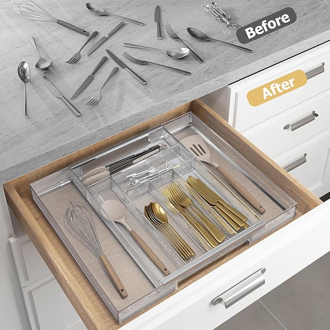 Silverware Organizer Metal Mesh, Large Drawer Organizer, Utensil Cutlery Tray for kitchen drawers, Expandable Flatware Organizer with 8 Compartment Silver 11.6"~20" x 17.3"