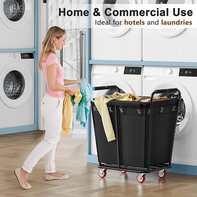 Hoctieon Large Laundry Cart with Wheels, 300L Heavy Duty Laundry Basket Organizer, Rolling Hamper Sorter for Clothes Storage, Industrial Dirty Clothes Hamper for Home & Hotel, Black