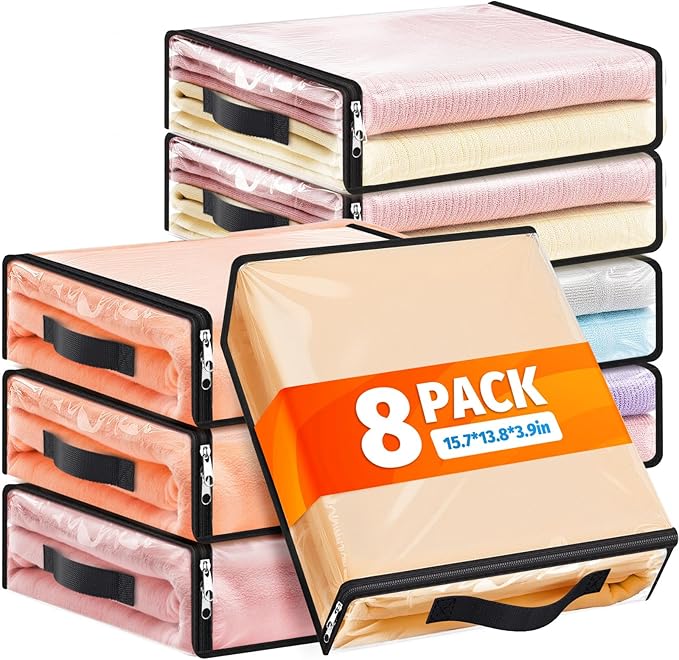 SpaceWhisper 8 Pack Clear Storage Bags, Plastic Blanket Storage Bags with Zipper and Handle, Moving Bags for Comforter, Bedding & Clothes, Closet Organizer and Under Bed Storage (15.7x13.8x3.9 Inch)