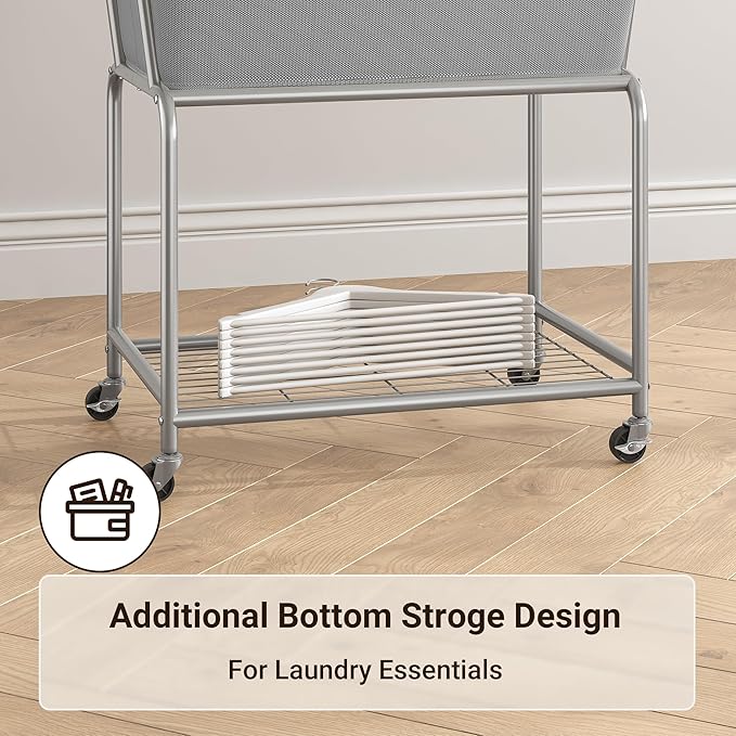 ELYKEN Laundry Cart with Wheels, Rolling Laundry Hamper with Removable Bag and Shelf, Metal Frame Laundry Basket with 4 Casters and 2 Brakes, Ideal for Bedroom, Bathroom, Laundry Room, Gray