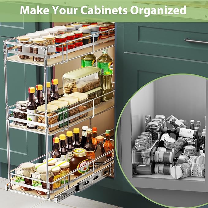 Pull Out Spice Rack Cabinet Organizer 9" W x 20½" D, 3 Tier Heavy Duty Slide Out Wood Shelf for Narrow Cabinet, Pull Out Storage for Kitchen